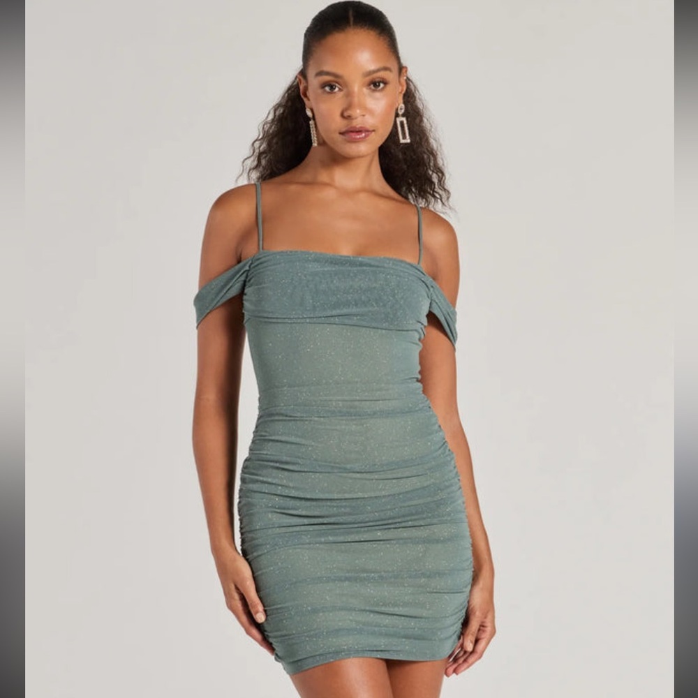 Windsor-Glam Affair Cold-Shoulder Glitter Mesh Mini Dress